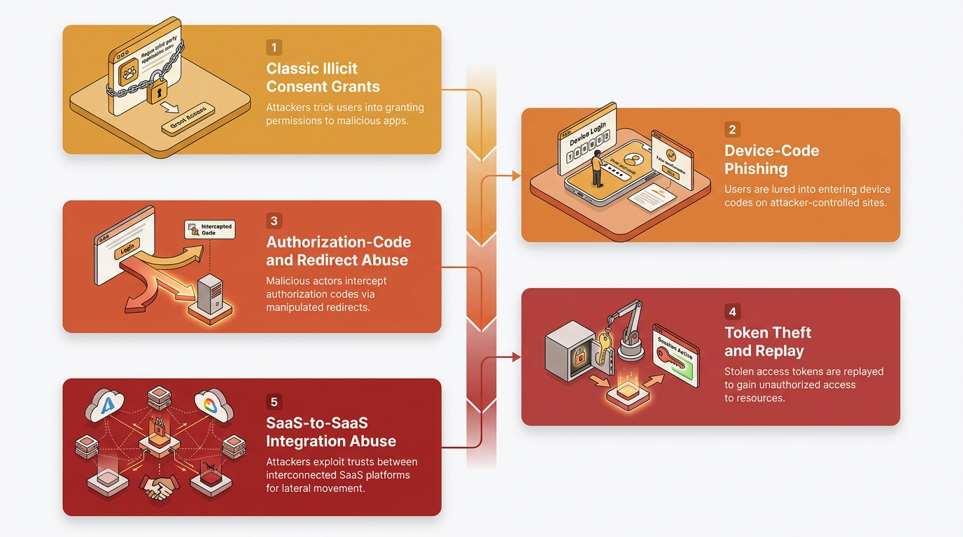 Five numbered panels trace OAuth consent phishing variants—illicit consent grants, device-code phishing, authorization-code interception, token theft and replay, and SaaS-to-SaaS integration abuse—showing attackers gaining persistent