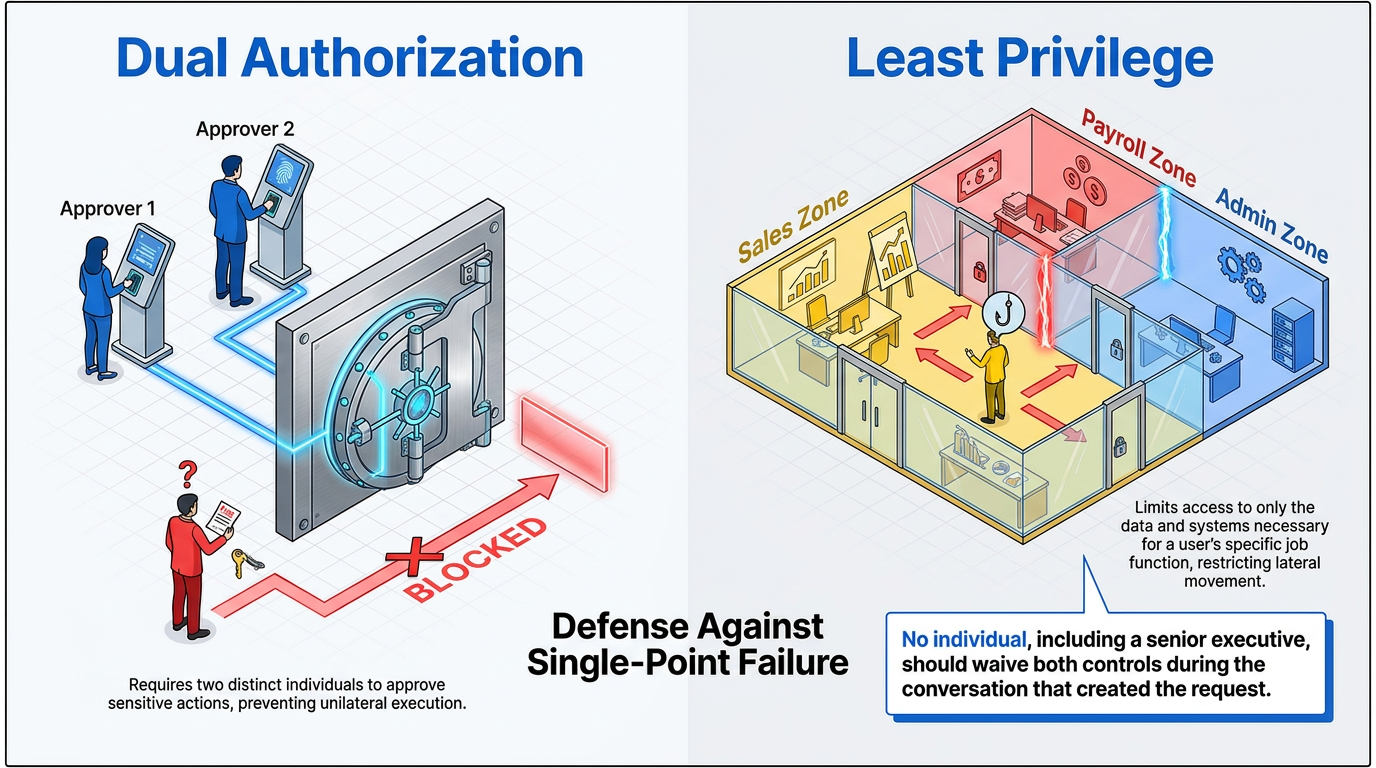 Two side-by-side isometric scenes illustrate layered defenses: a vault requiring two approvers' fingerprints blocks a lone requester, while color-coded office zones limit each employee's access to only necessary systems.