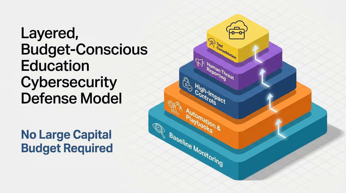 Colorful circular diagram illustrates five core strategies for cost-effective threat detection in education: baseline monitoring, automation, high-impact controls, human reporting, and tool consolidation, emphasizing security without added