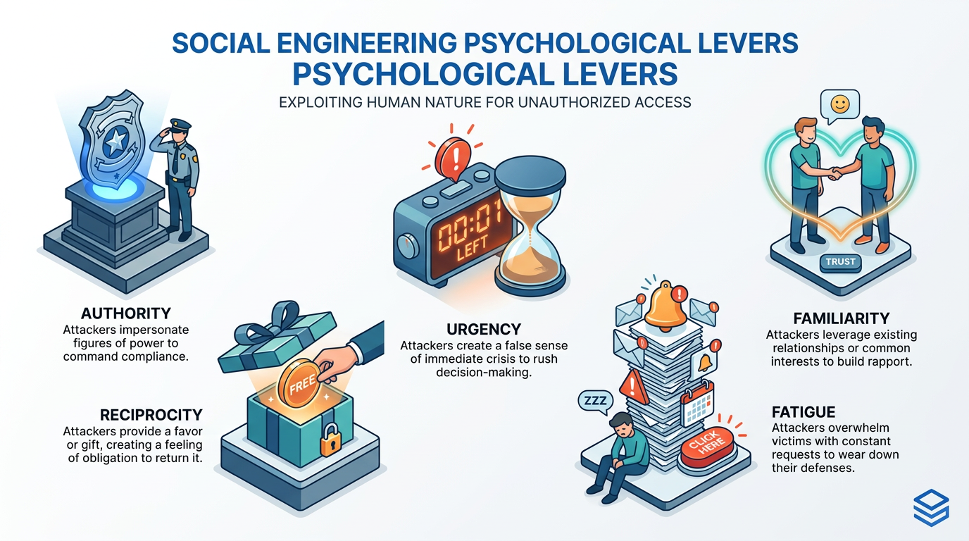 Six icons illustrate the psychological levers attackers exploit in social engineering: authority, reciprocity, urgency, fatigue, and familiarity, each paired with a brief description of how manipulation drives victims toward unauthorized