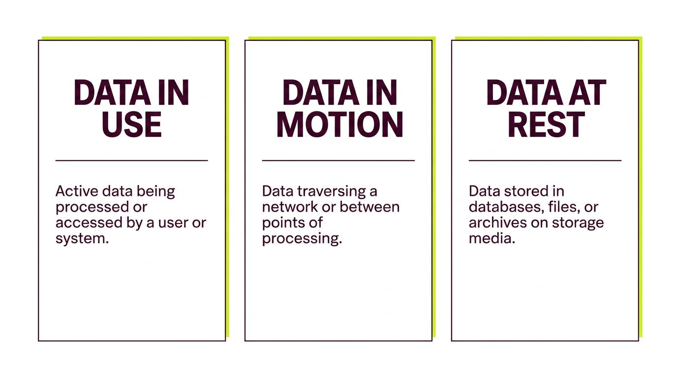 Diagram showing Three boxes defining the three states of data: data in use, data in motion, and data at rest.