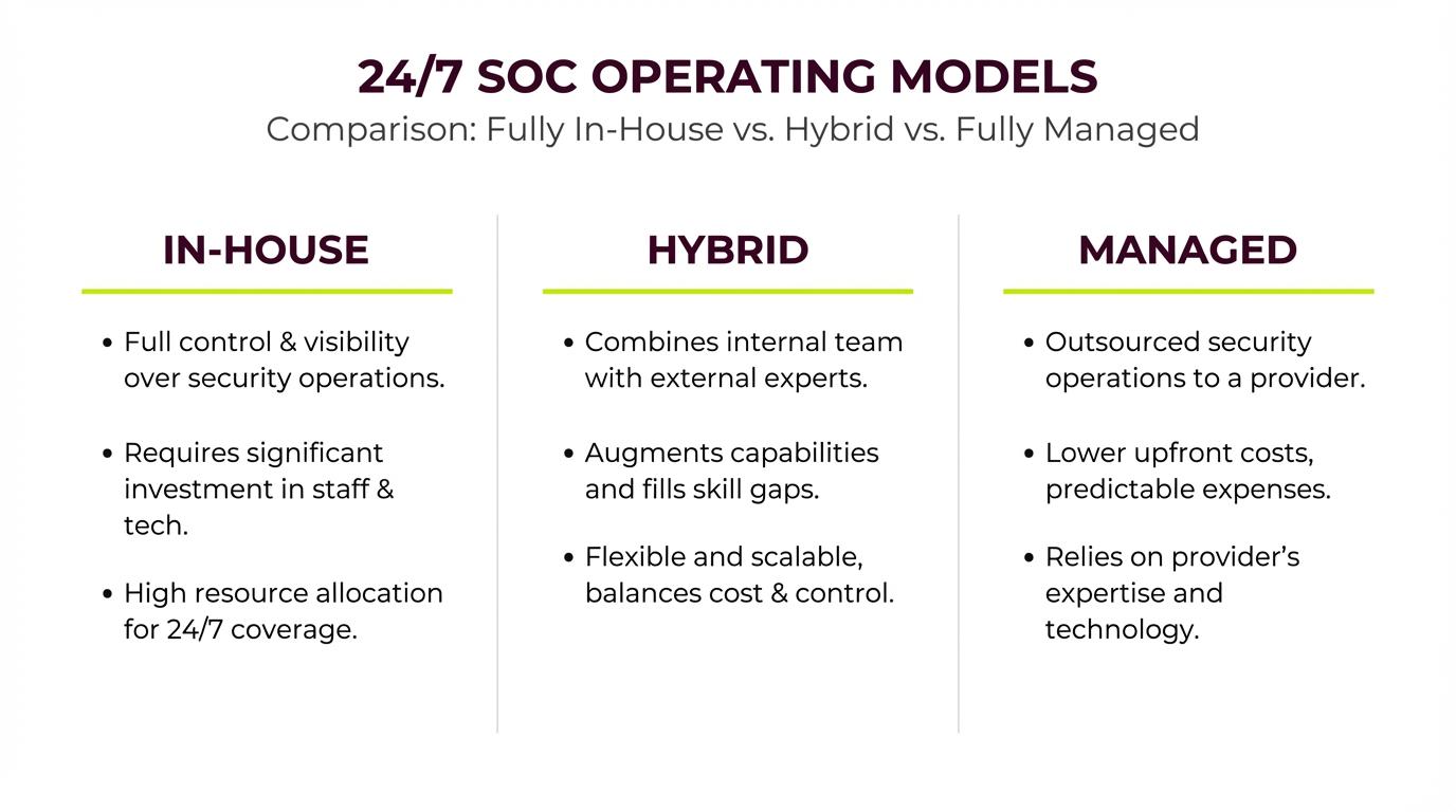 Comparison chart of three 24/7 SOC operating models: In-House offers full control but high resource demands; Hybrid combines internal teams with external experts for flexibility; Managed outsources operations to a provider with lower upfront costs.