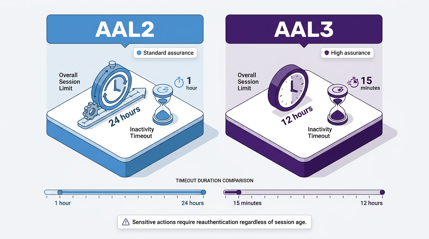 Comparison of NIST session limits for AAL2 versus AAL3, showing a relaxed 24-hour overall limit and 1-hour inactivity timeout for AAL2 against a stricter 12-hour limit and 15-minute inactivity timeout for AAL3, noting sensitive actions