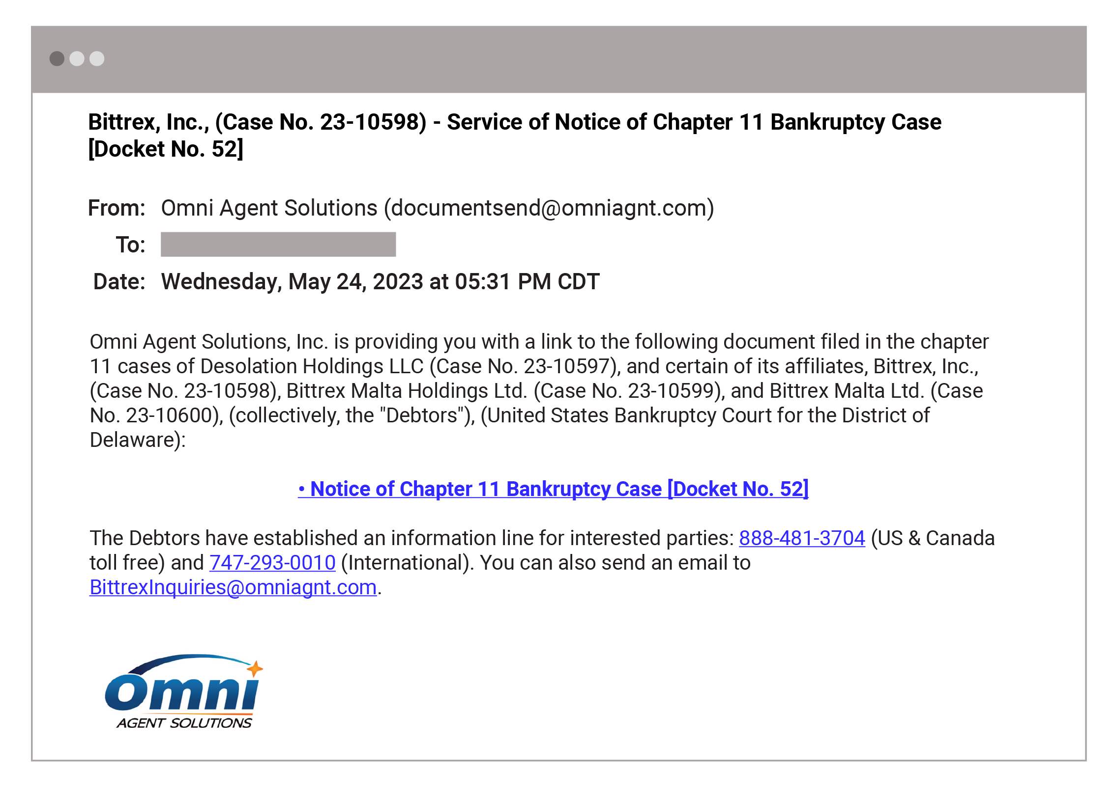 Bittrex Phishing Attack Email from Omni Agent E