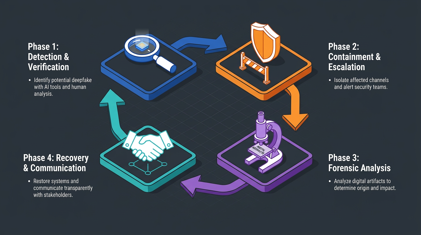 Four interlocking isometric icons—magnifying glass, shield, microscope, handshake—illustrate the deepfake fraud response cycle: detection and verification, containment and escalation, forensic analysis, then recovery and stakeholder