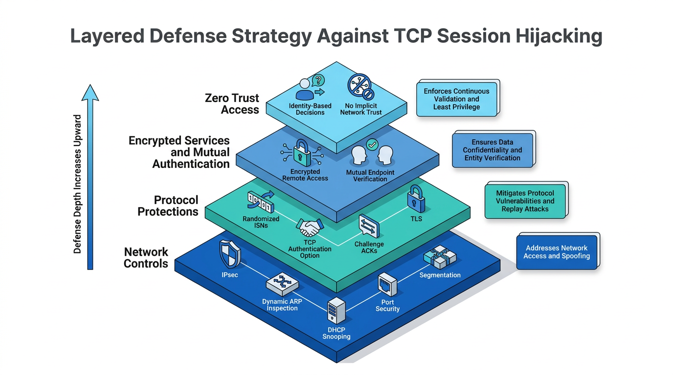 A four-tier pyramid shows network controls, protocol protections, encrypted services with mutual authentication, and zero trust access layered bottom-up, illustrating defense-in-depth against TCP session hijacking and connection-state