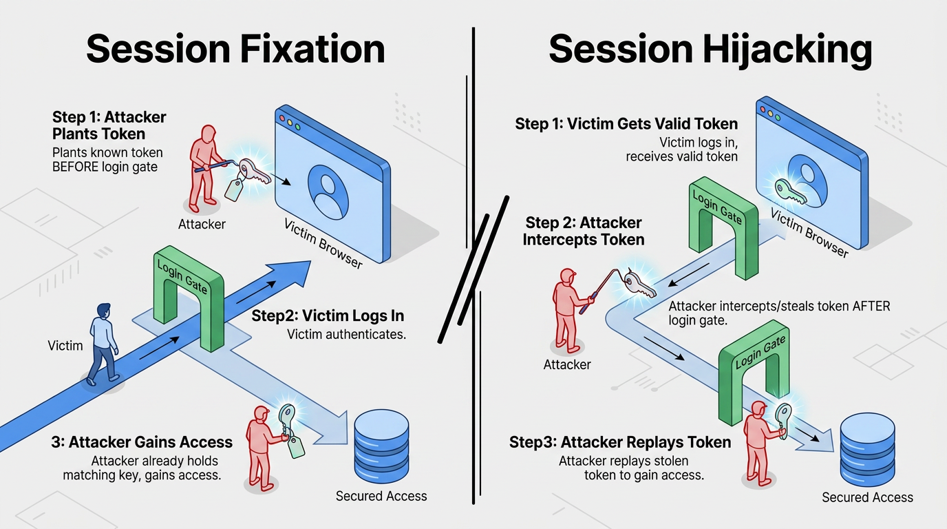 Two side-by-side diagrams contrast session fixation, where an attacker plants a known token before login and gains access once the victim authenticates, with session hijacking, where an attacker intercepts a valid token after login to
