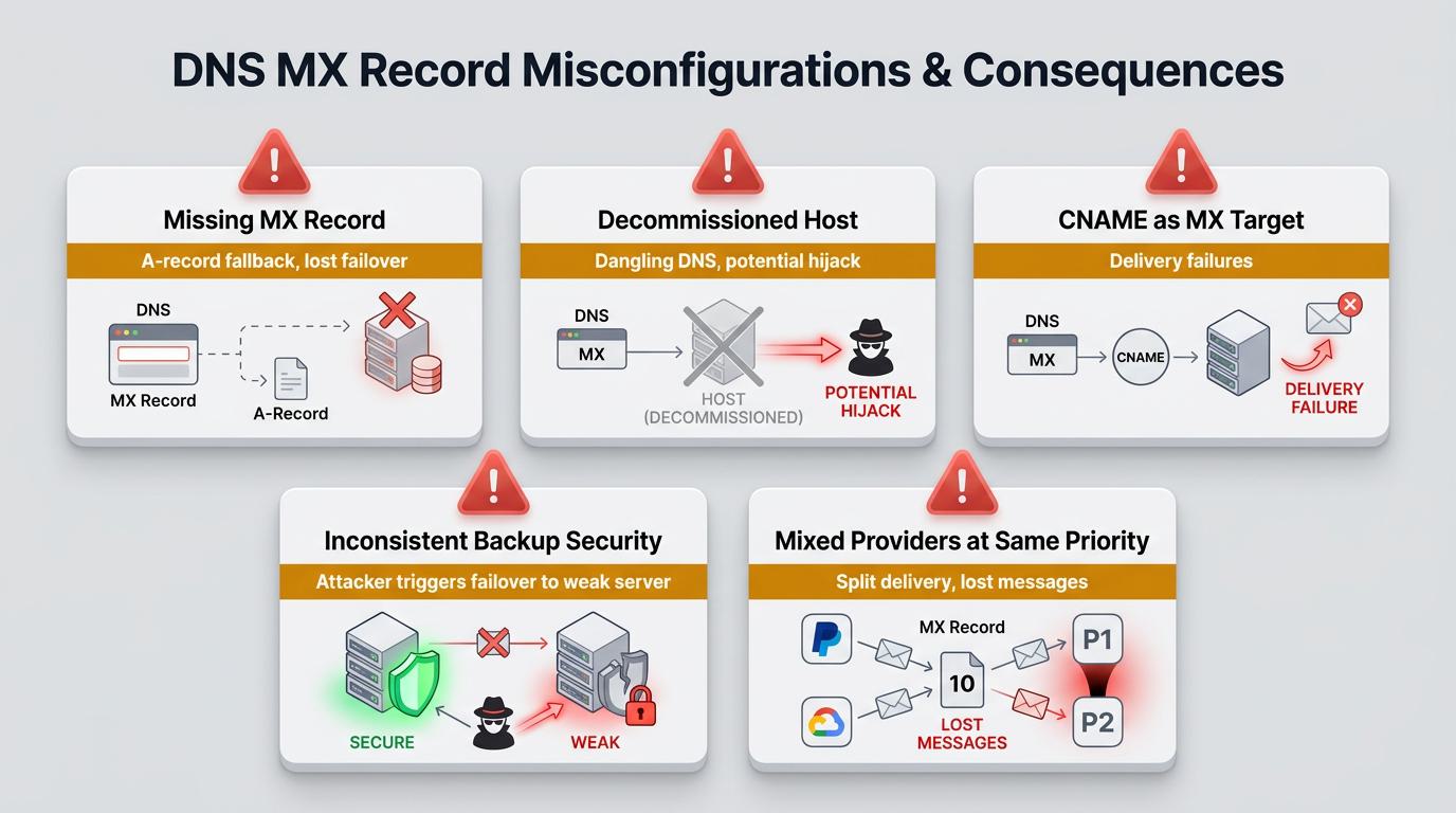 A diagram visually traces how an outbound mail server uses DNS MX records—showing lookup, server selection by priority, and fallback to backup servers—to ensure reliable email delivery for a recipient domain.