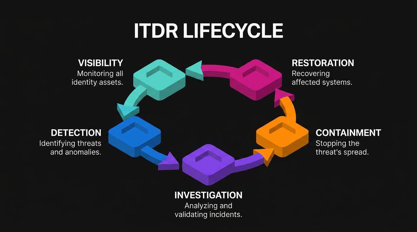 Circular diagram illustrates the ITDR cycle: visibility and posture inform detection, which drives investigation, leading to containment and restoration, emphasizing that identity threat detection and response is an ongoing security