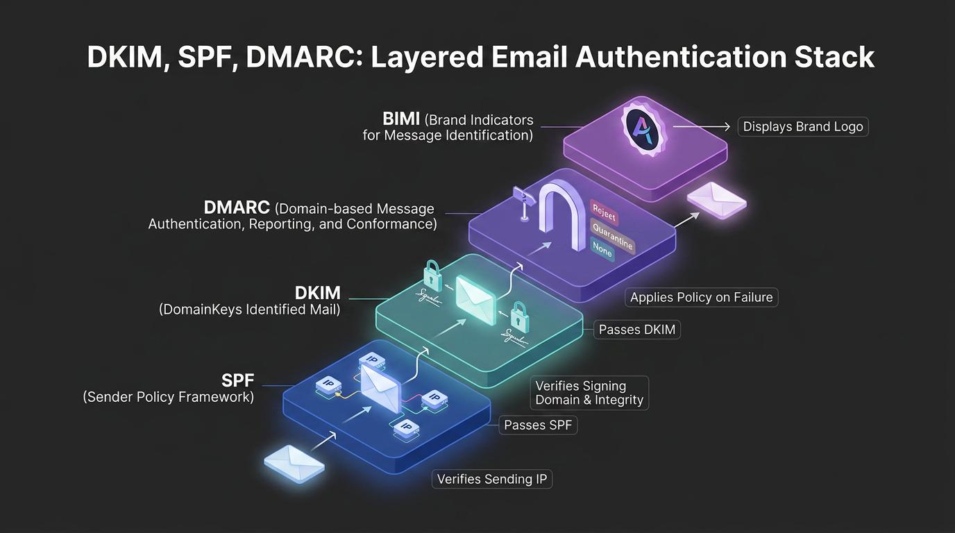 Diagram visualizes DKIM in email authentication: it shows a mail server adding a DKIM signature, DNS publishing the public key, and a receiving server verifying it, illustrating how DKIM confirms sender identity and message integrity.
