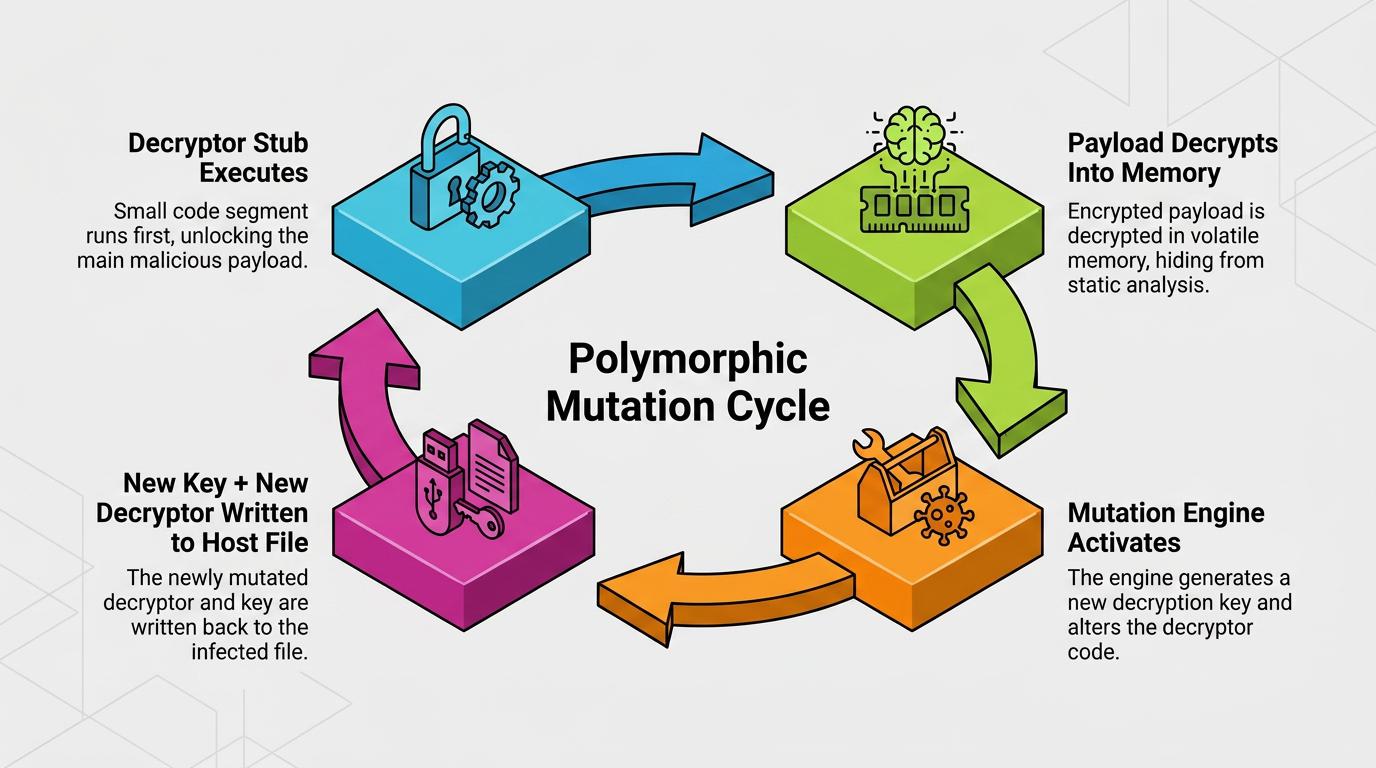 A central virus icon branches into multiple files, each with distinct code patterns, visually illustrating how polymorphic malware generates unique encrypted variants to evade traditional signature-based antivirus detection.
