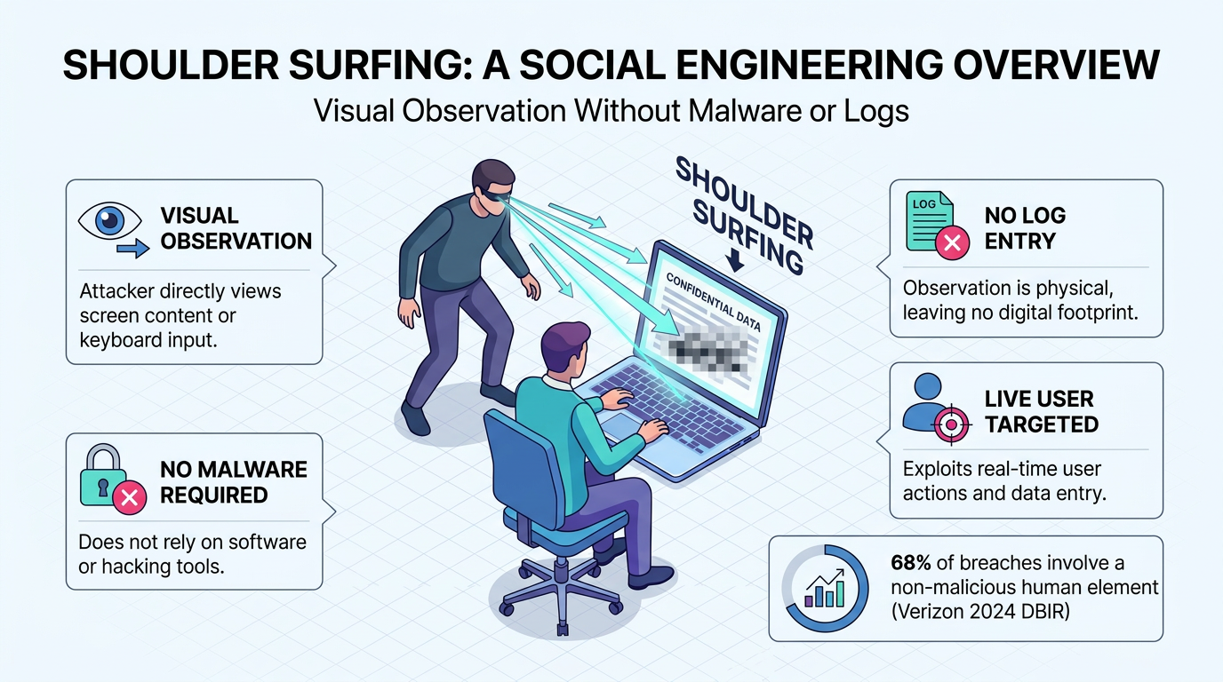 Two figures illustrate shoulder surfing: a man leans over a laptop user's shoulder to view confidential data, with callouts noting visual observation, no malware, no log entry, and 68% of breaches involving a non-malicious human element.