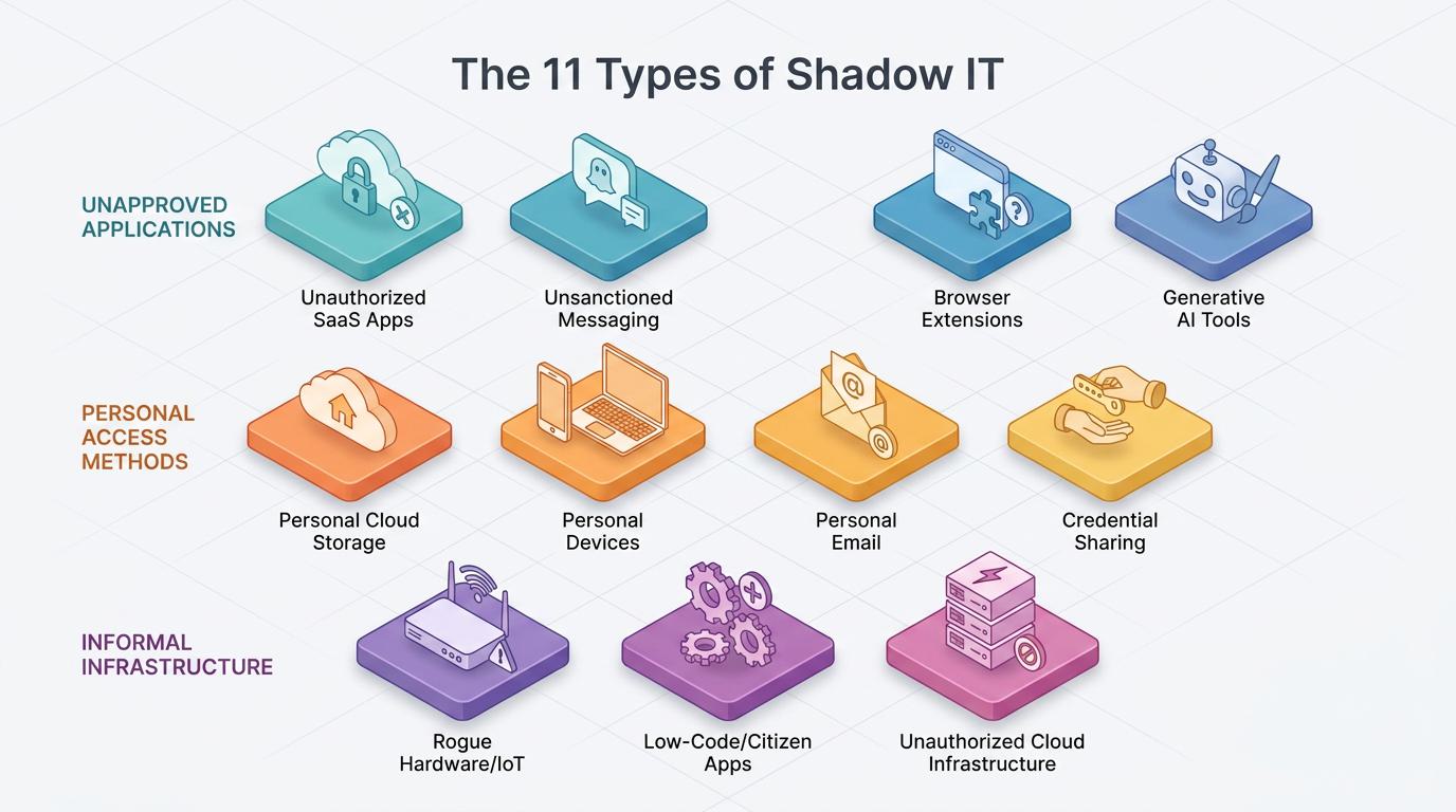 A cloud, laptop, phone, and folders encircle a building, each labeled with shadow IT types—like “SaaS apps,” “personal devices,” and “messaging”—to illustrate how unsanctioned technology escapes IT visibility and control.