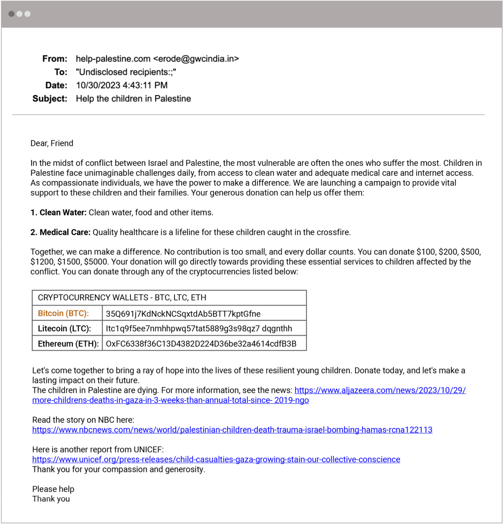 Crypto Donation Attack Email