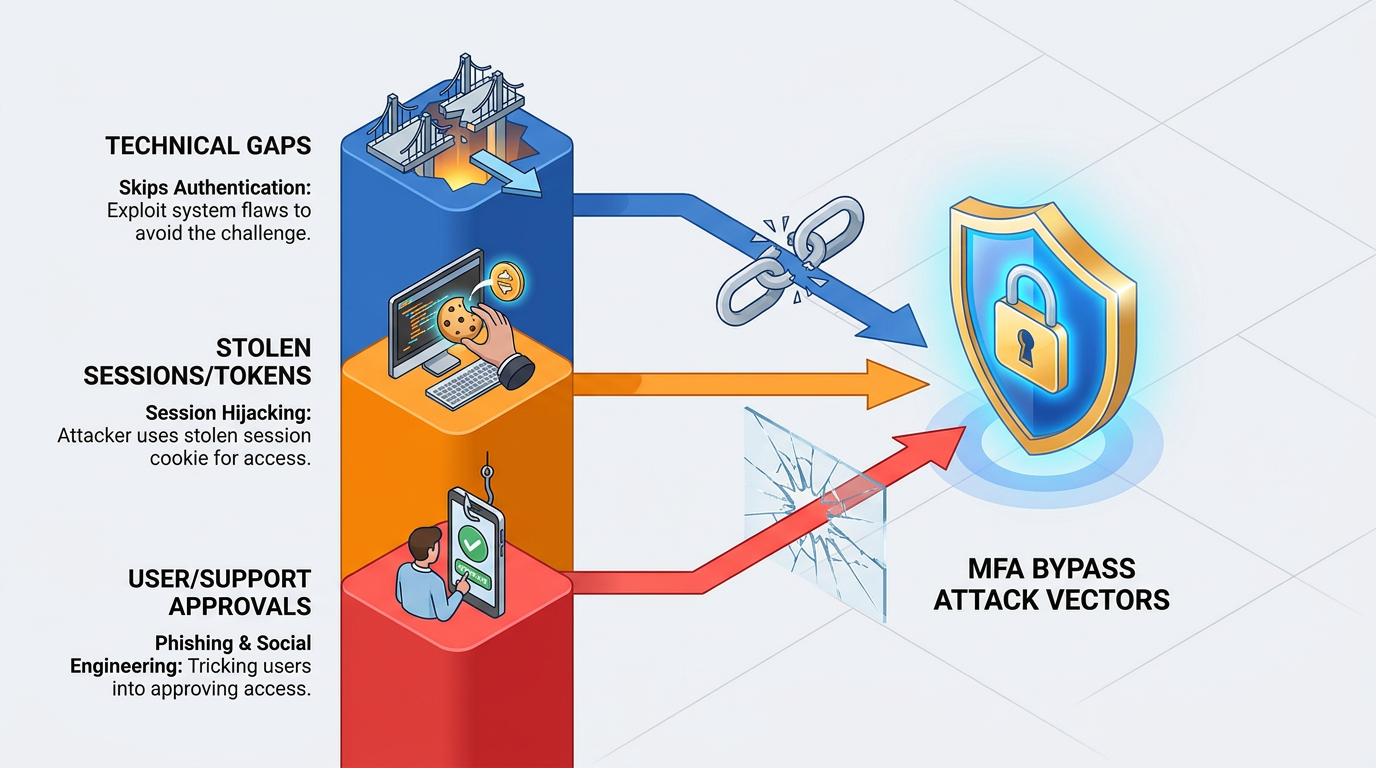 Three stacked pillars—technical gaps, stolen sessions/tokens, and user or support approvals—each send an arrow through a broken chain, cracked glass, or a snapped padlock chain toward a shield, illustrating distinct MFA bypass attack