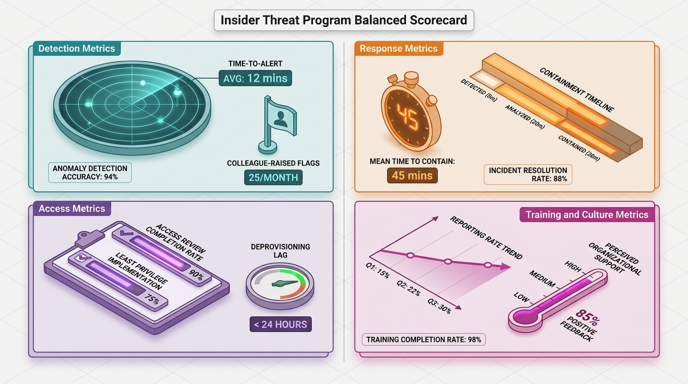 Four linked panels present an Insider Threat Program Balanced Scorecard across detection, response, access, and training metrics—showing 12-minute average time-to-alert, 94% anomaly detection accuracy, 45-minute mean time to contain, 90%