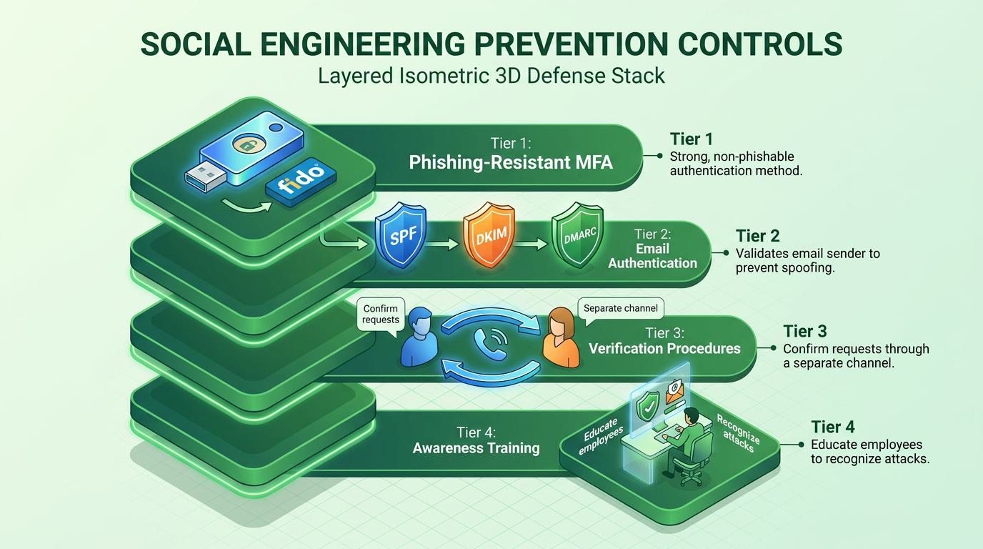 A flowchart shows the lifecycle of a social engineering attack: reconnaissance gathers target details, pretexting builds trust, exploitation prompts action that compromises security, highlighting how attackers bypass technical defenses by