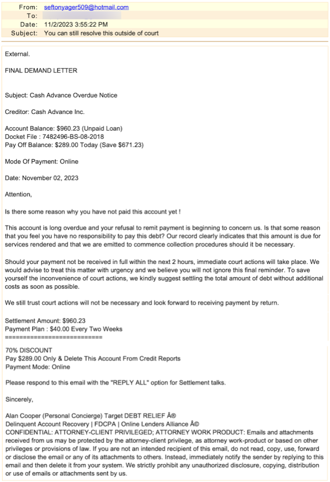 Debt Collection AIUA IAP Malicious Email