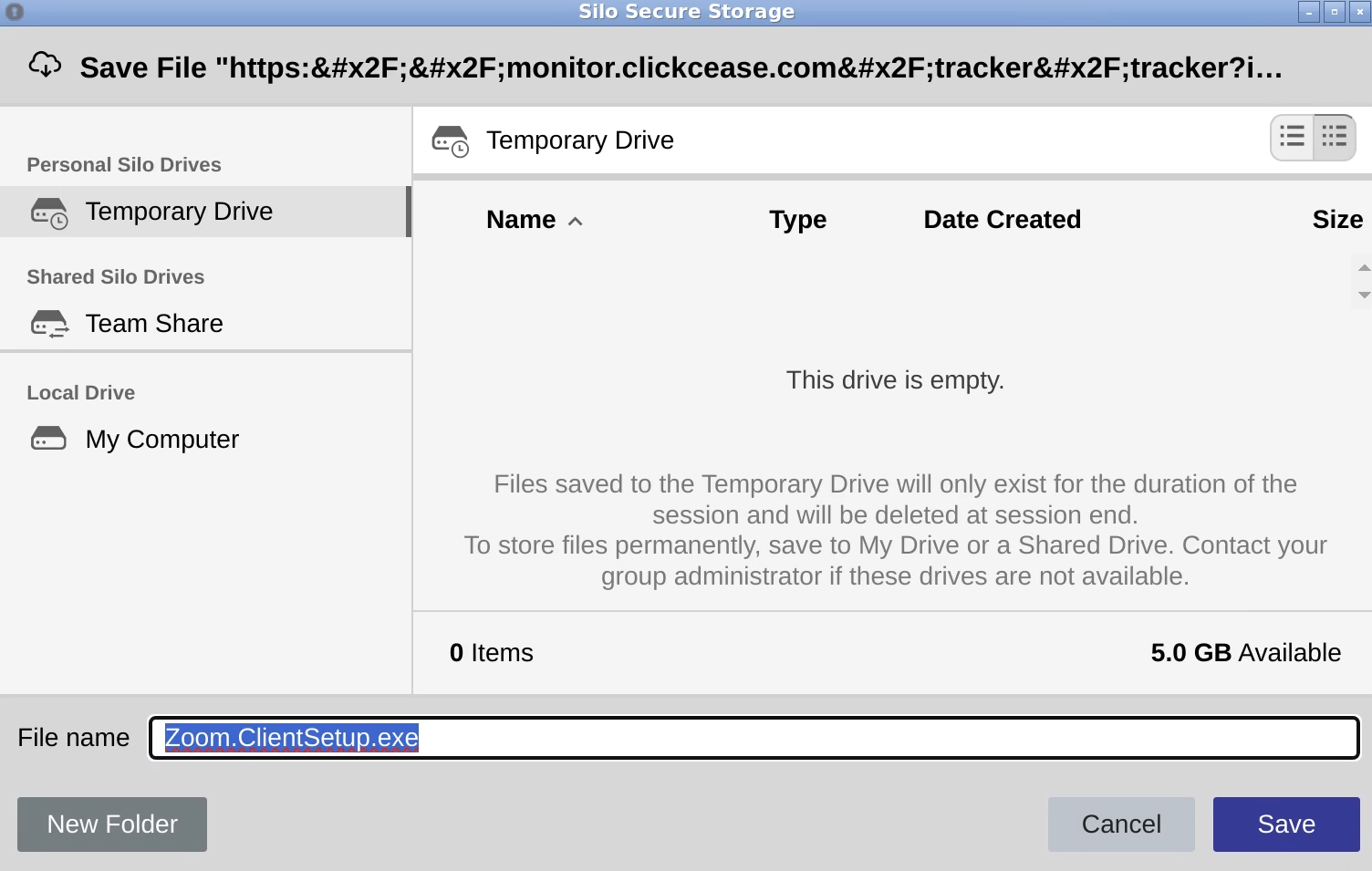 Zoom Impersonation Attack Malicious File Download Prompt