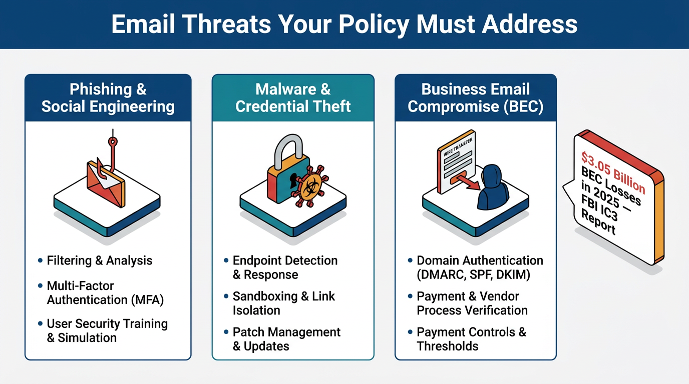 Three security domains are shown: phishing and social engineering, malware and credential theft, and business email compromise, each paired with defense measures like MFA, endpoint detection, and domain authentication, alongside a $3.05
