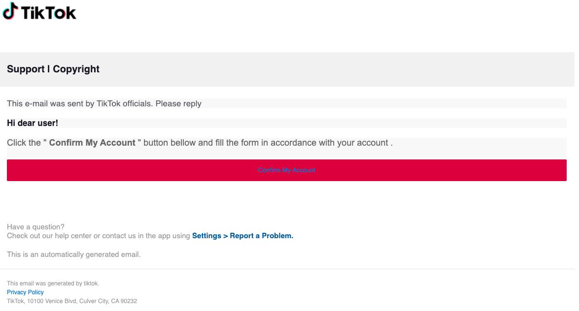 TikTok phishing email reply with WhatsApp link