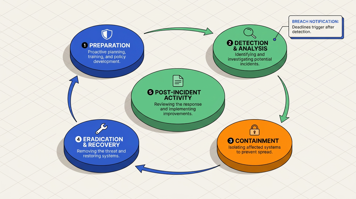 The five-stage incident response lifecycle in a circular flow: Preparation, Detection & Analysis, Containment, Eradication & Recovery, and Post-Incident Activity, noting breach notification deadlines start at detection.