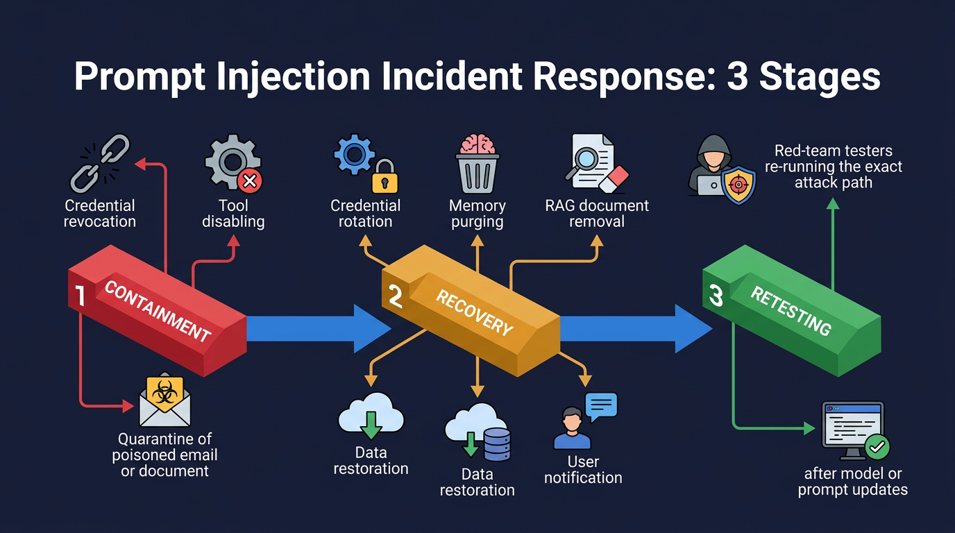 Three-stage incident response for prompt injection: containment (credential revocation, tool disabling, email quarantine), recovery (credential rotation, memory purging, RAG document removal, data restoration, user notification), and