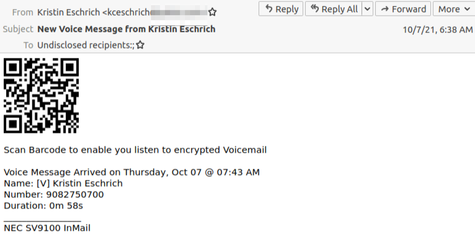 Quishing email with a QR code