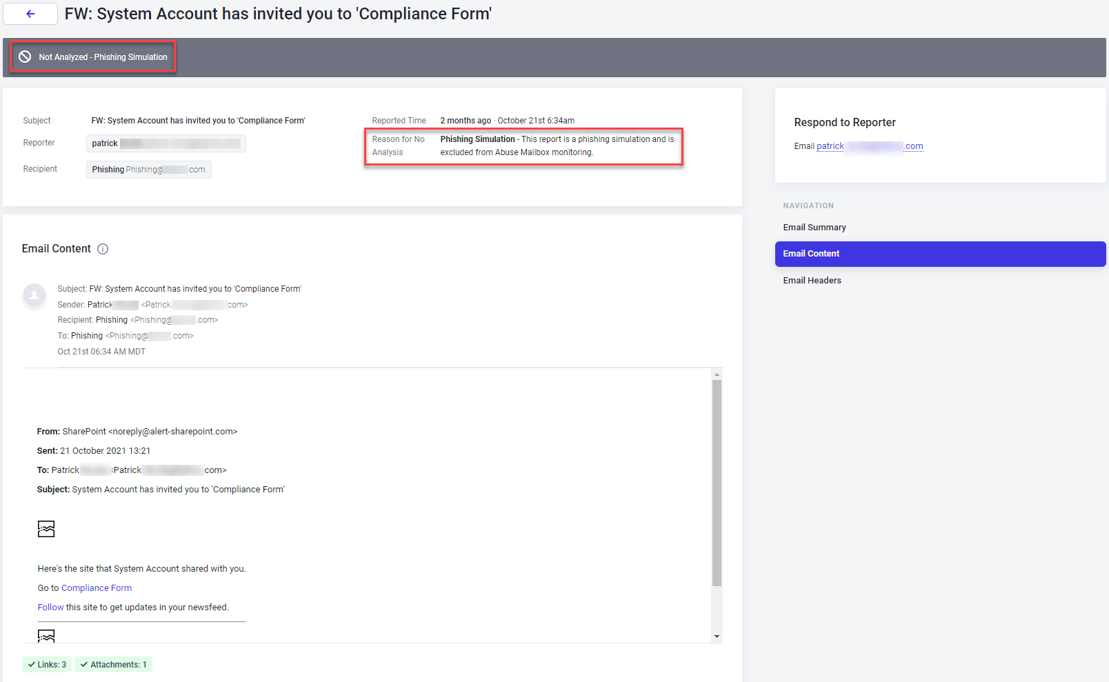 Abnormal Abuse Mailbox user submission report