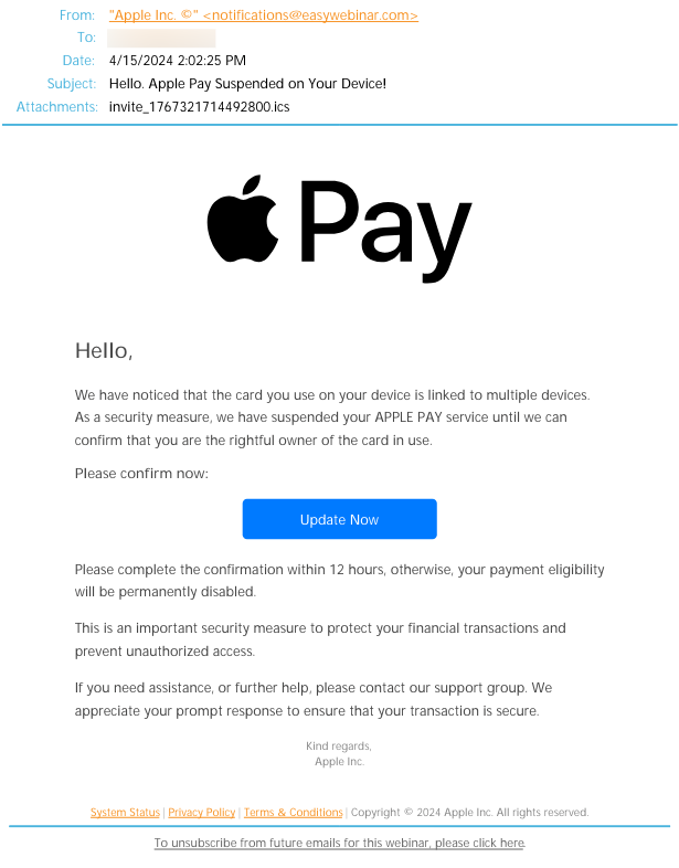 Apple Pay Impersonator Phishing Attack Email E