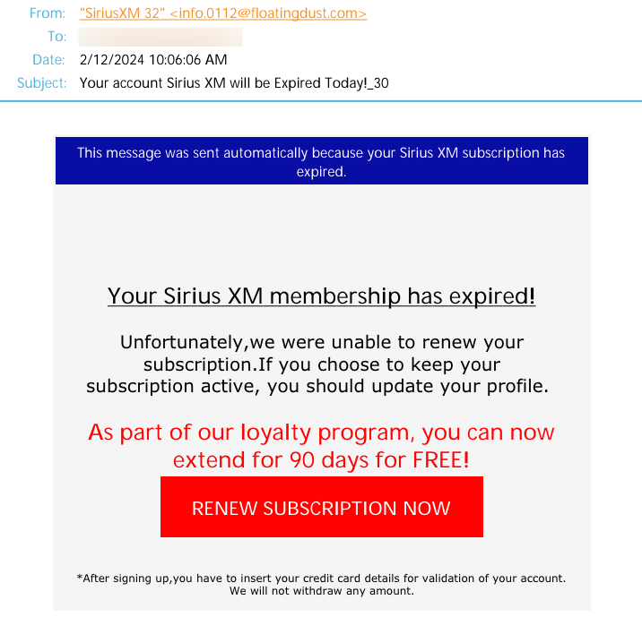 AI Sirius XM Impersonator Fake Cancellation Email E