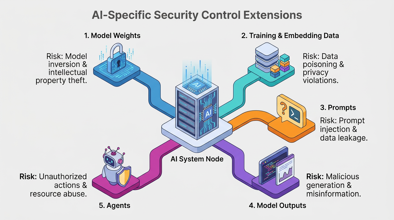 A central AI System Node connects to five branches—Model Weights, Training & Embedding Data, Prompts, Model Outputs, and Agents—each labeled with its distinct security risk, illustrating AI-specific extensions to cybersecurity policy.
