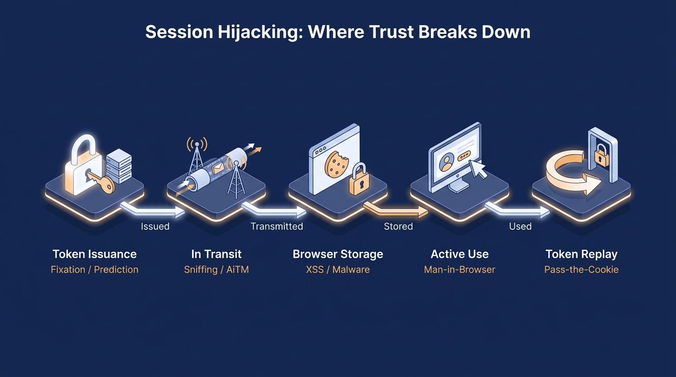 Five stages of a session's lifecycle—Issuance, Transit, Browser Storage, Active Use, and Replay—show where attackers exploit trust, with matching threats like fixation, sniffing, XSS, man-in-browser, and pass-the-cookie hijacking.