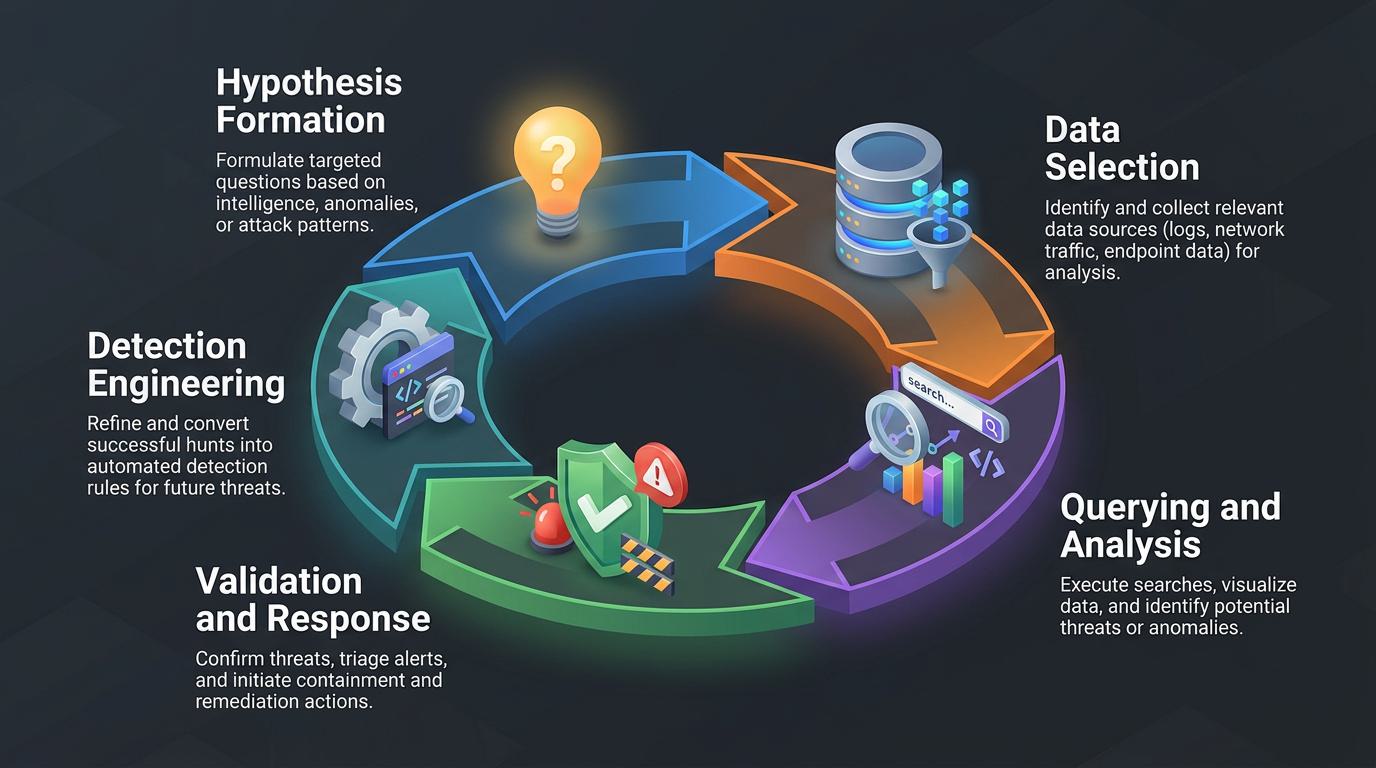 A circular diagram illustrates the structured threat hunting lifecycle—hypothesis formation, data selection, analysis, validation, and operational output—highlighting how proactive investigation bridges the gap left by automated alerts.