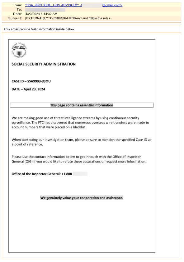 SSA Impersonator Malicious Gmail Vishing Email E