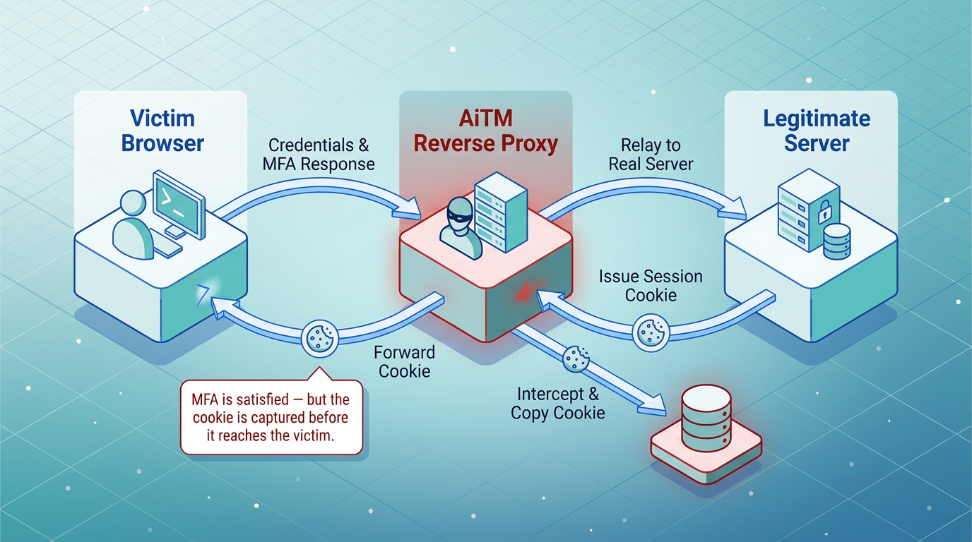 An adversary-in-the-middle reverse proxy relays a victim's login credentials and MFA response to the real server, then intercepts and copies the returned session cookie before forwarding it, enabling replay without triggering login alerts.