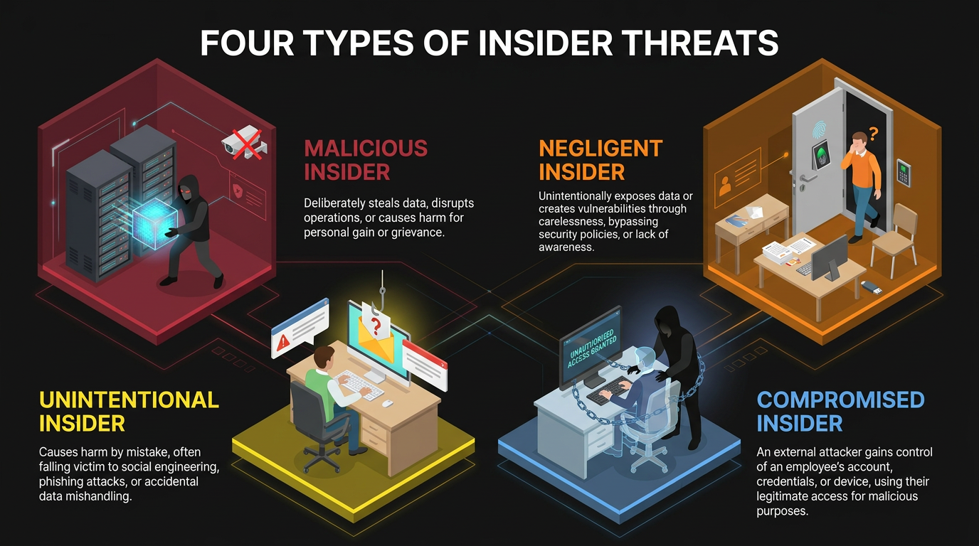 Four hexagonal panels define insider threat types: malicious insiders stealing data from servers, negligent insiders bypassing security doors, unintentional insiders falling for phishing, and compromised insiders whose credentials