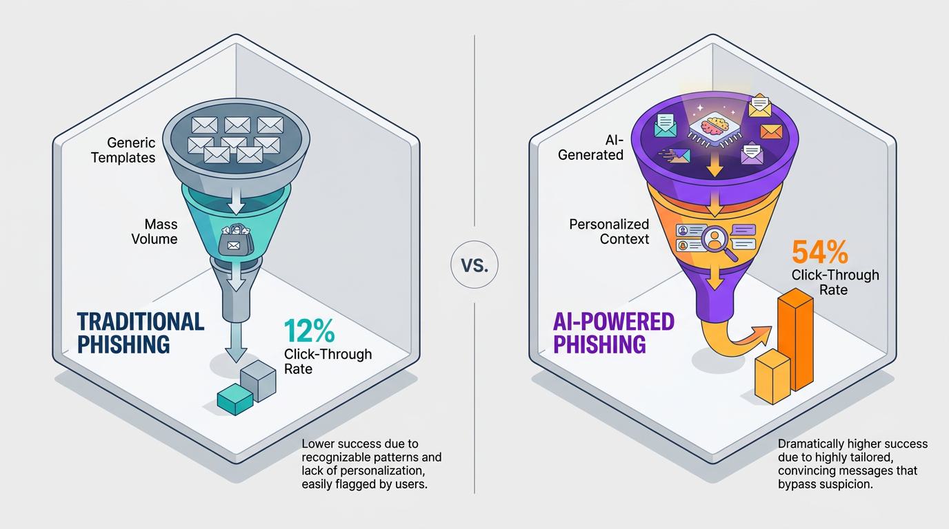 Flowchart shows how AI enables modern social engineering: attackers use AI to personalize phishing, synthesize voices, coordinate multichannel pressure, and impersonate colleagues, making fraudulent requests appear routine and credible.