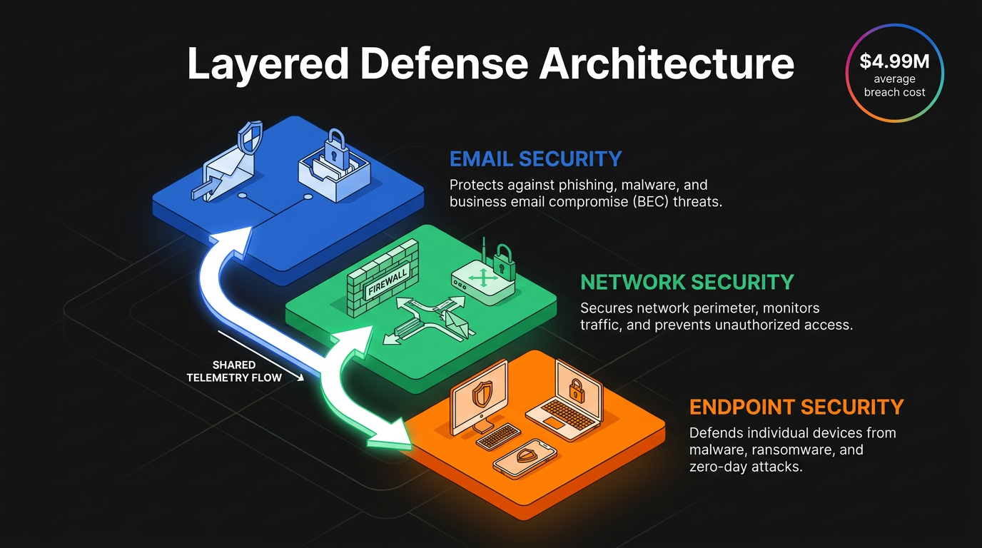 Three isometric platforms represent layered defense architecture—email security, network security, and endpoint security—linked by a glowing shared telemetry flow arrow, beside a $4.99M average breach cost badge.