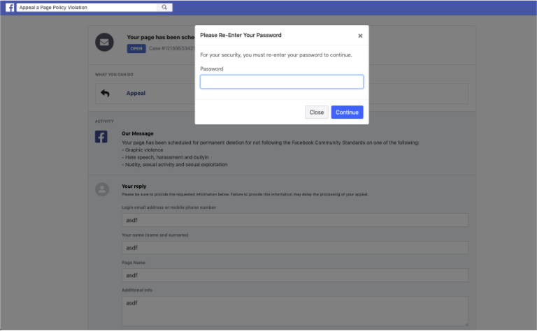 Fake Facebook page for credential phishing