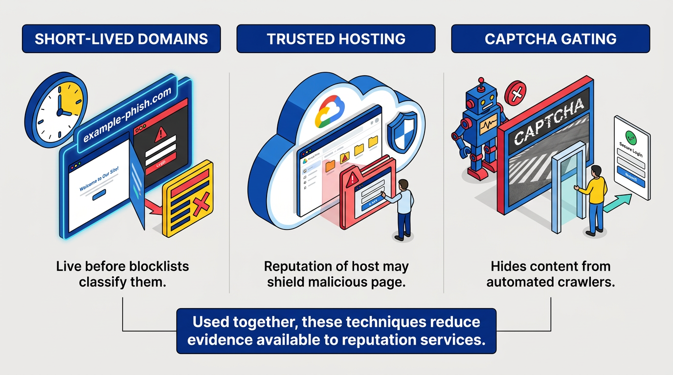 Three techniques—short-lived domains, trusted hosting, and CAPTCHA gating—illustrate how attackers exploit reputation-system blind spots, delaying detection and hiding phishing pages from crawlers and automated analysis.