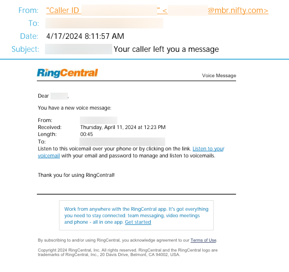Ring Central Impersonation Fake Voicemail Notification Email E