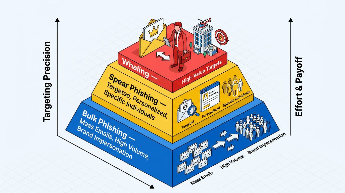 Diagram uses a flowchart to illustrate how email scams mimic legitimate messages, build false trust, then apply urgency and authority to prompt harmful actions like credential theft, malware downloads, or fraudulent payments.
