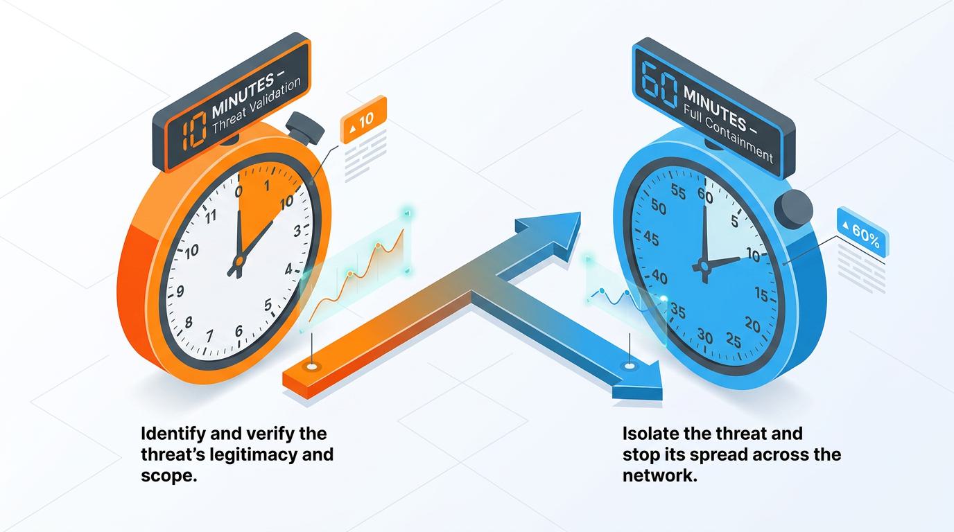 Color-coded timeline illustrates the 10/60 framework: validate cyber threats within 10 minutes, contain them within 60, visually linking attack speed to response time and highlighting the need for rapid, repeatable incident response.