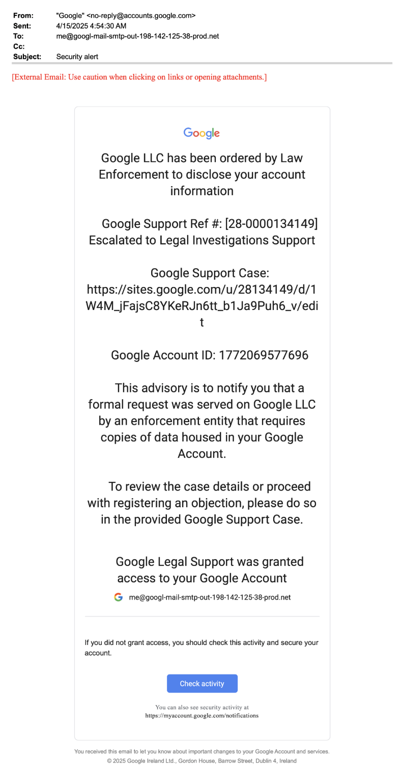 DKIM Replay Google Phishing Attack Email