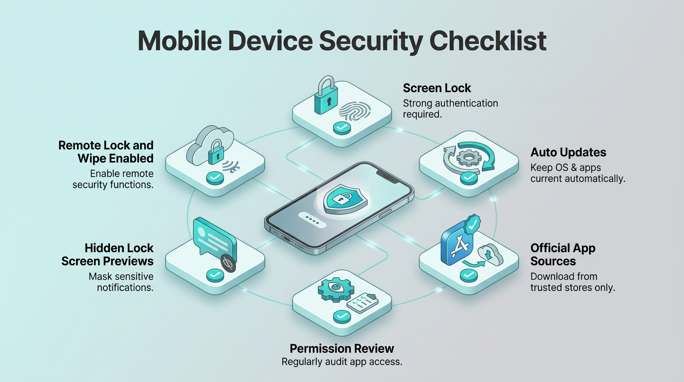 Six teal panels arranged in a circle around a smartphone illustrate layered mobile security practices: screen lock, auto updates, official app sources, permission review, hidden lock screen previews, and remote lock and wipe.
