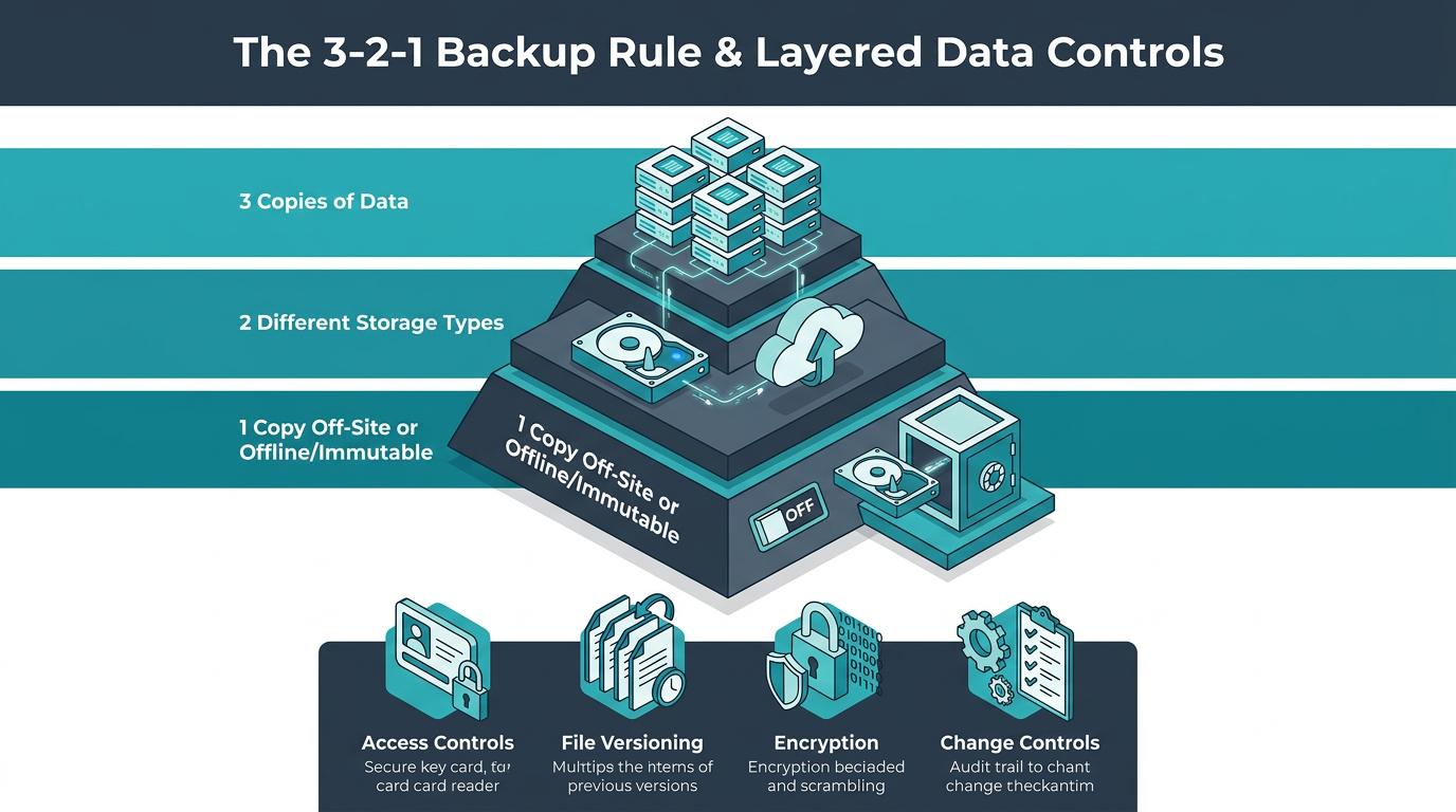 Isometric pyramid illustrates the 3-2-1 backup rule—three data copies, two storage types, one off-site or immutable copy—alongside layered safeguards: access controls, file versioning, encryption, and change controls to prevent accidental