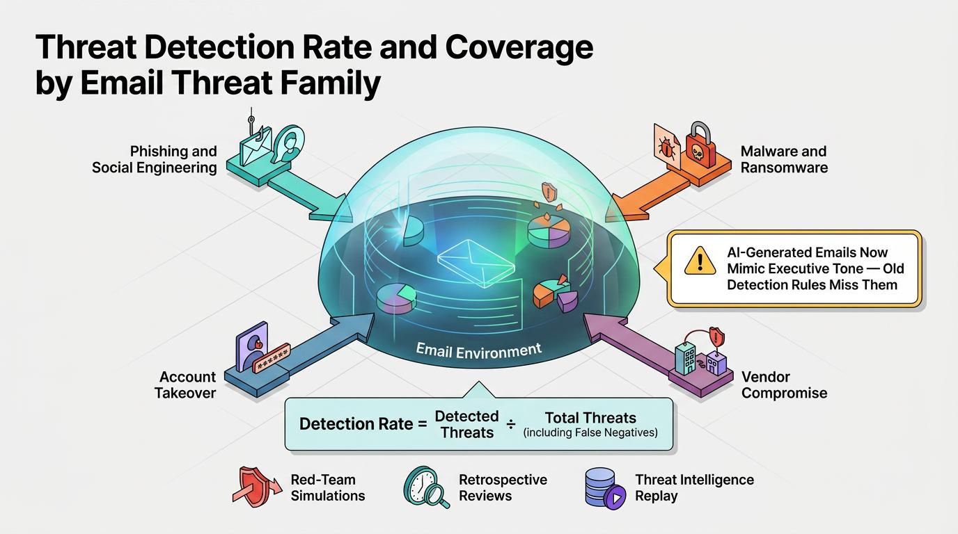 A colorful infographic depicts five core email security KPIs—MTTD, MTTR, detection rate, false positive rate, and avoided cost—and visually maps how each indicator links technical threat data to executive-level business outcomes.