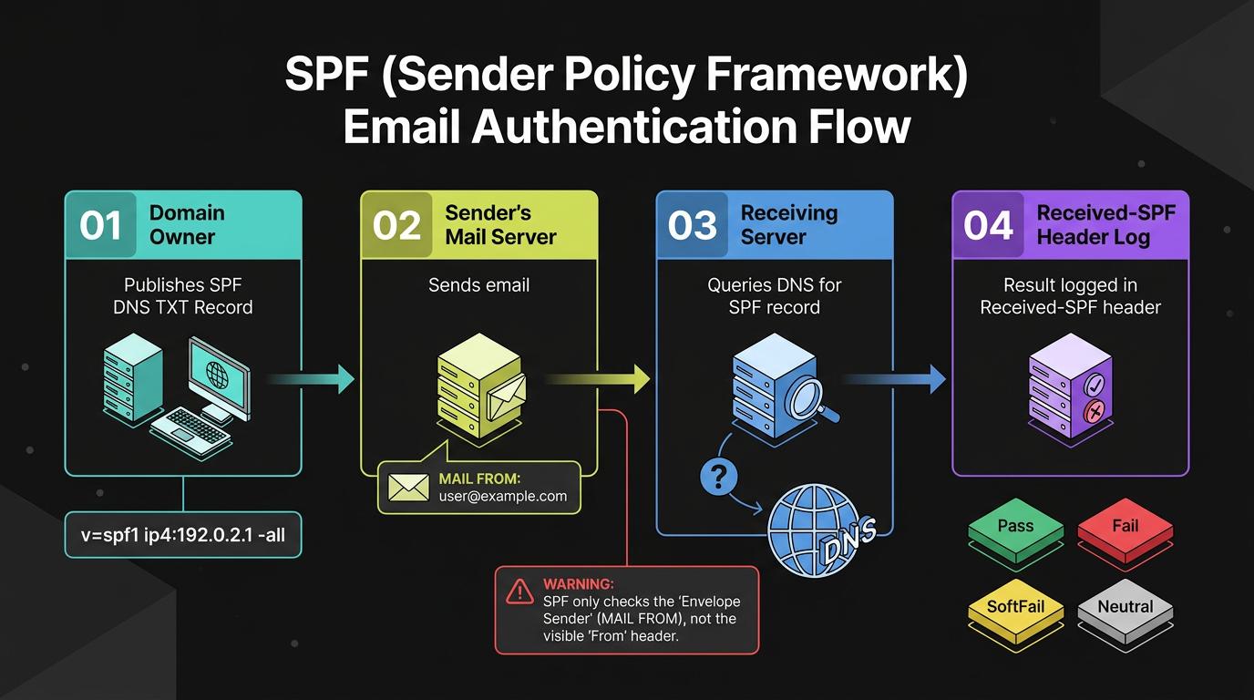 Diagram visualizes an email header’s hidden metadata—fields like From, Received, Authentication-Results, and Return-Path—explaining how security teams analyze headers to trace origins, verify authenticity, and detect threats.