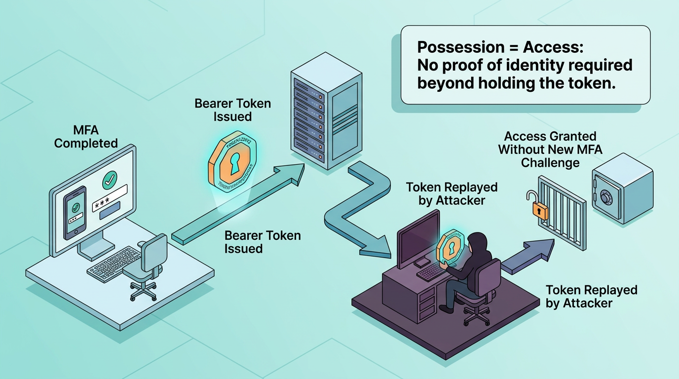 Bearer token issued after MFA success is replayed by an attacker on another device, granting access without a new MFA challenge, illustrating \